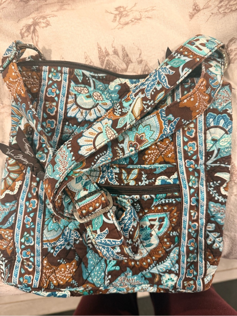 Vera Bradley Brown and Teal Floral Quilted Shoulder Bag
